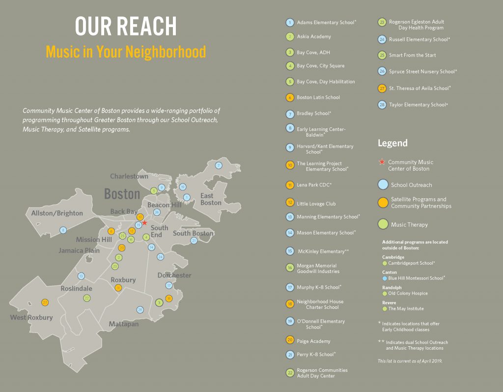 Map of neighborhoods in which Community Music Center of Boston has programming
