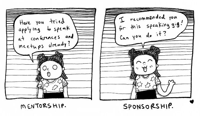 2-panel cartoon describing the difference between mentorship and sponsorship. Mentorship=Have you tried applying to speak at conferences and meetups already? Sponsorship=I recommended you for this speaking gig! Can you do it?